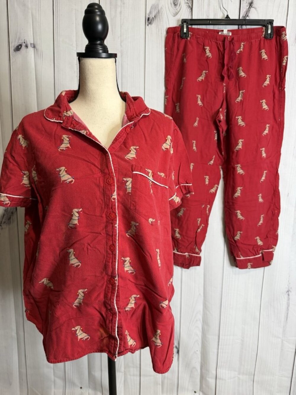 Loft Sleep Pajamas Sz Large 2-Piece Set Wiener Dog Christmas Lights Short Sleeve
